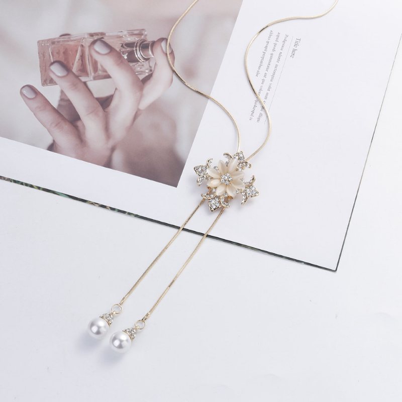 Modny Perłowy Wisiorek Tassel Naszyjniki Dla Kobiet Luksusowy Opal Rhinestone Flower Cross Długie