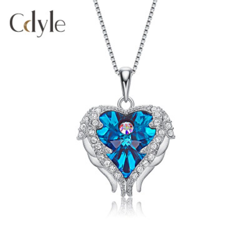 S925 Sterling Silver Ocean Heart Naszyjnik Z Diamentowymi Skrzydłami Anioła Wisiorek Swarovski Crystal