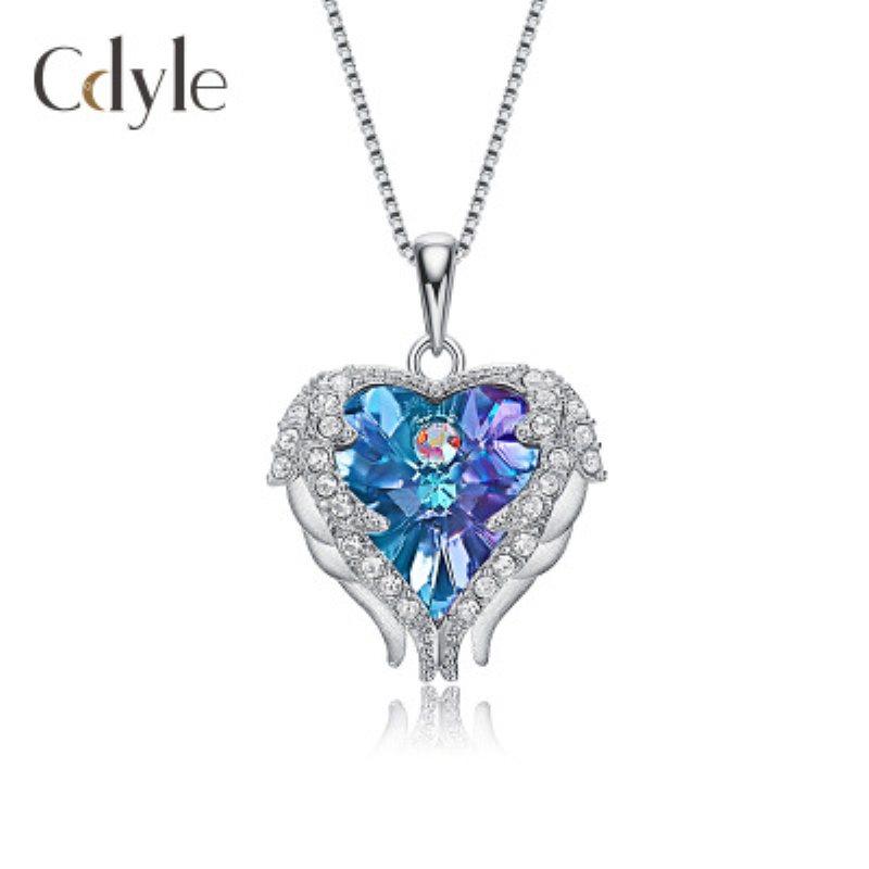 S925 Sterling Silver Ocean Heart Naszyjnik Z Diamentowymi Skrzydłami Anioła Wisiorek Swarovski Crystal