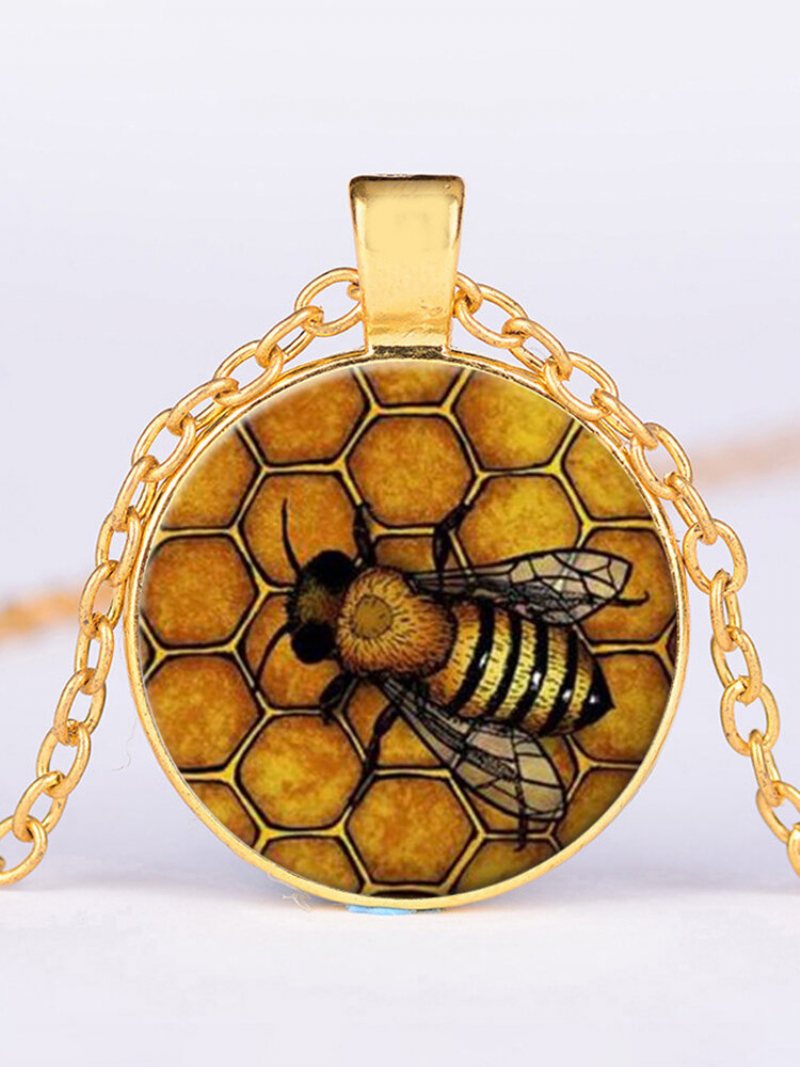 Vintage Honeycomb Bee Women Naszyjnik Ze Stopu Szkła Z Nadrukiem