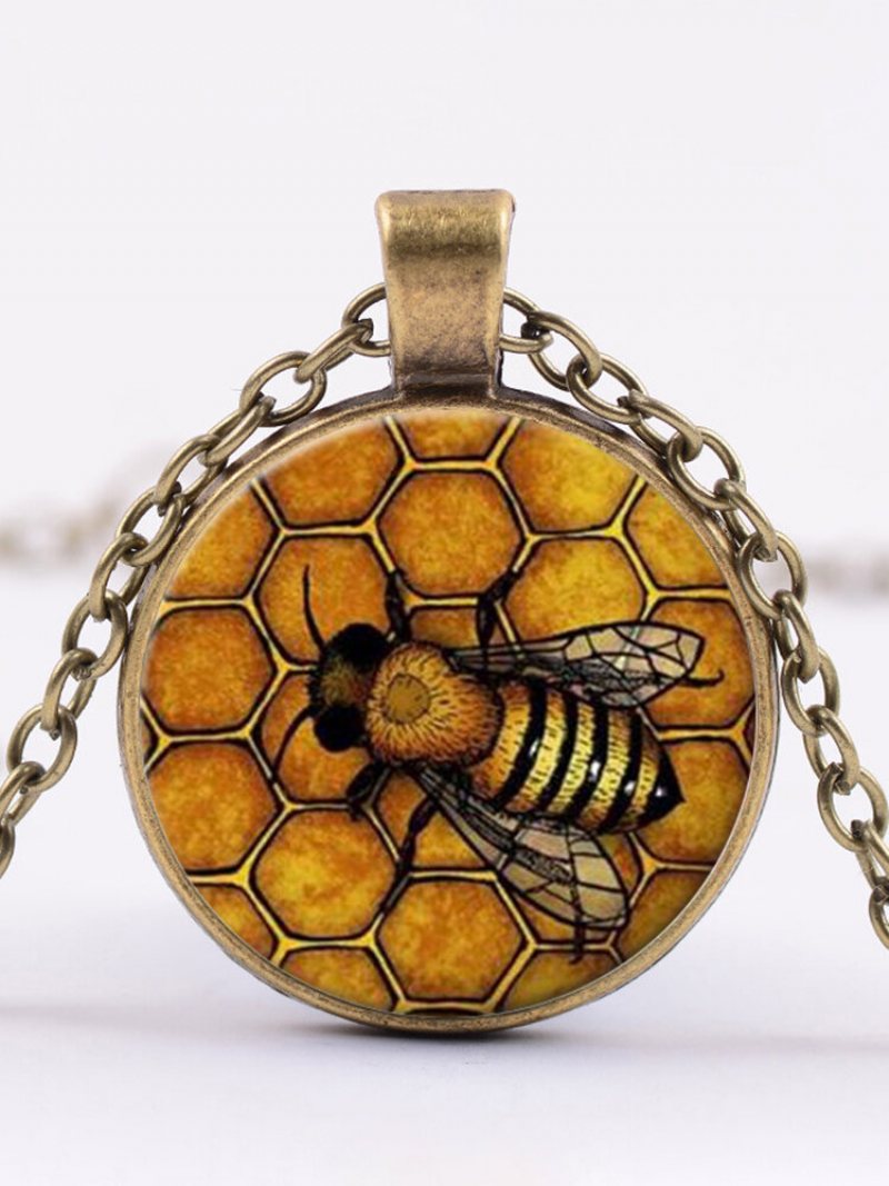 Vintage Honeycomb Bee Women Naszyjnik Ze Stopu Szkła Z Nadrukiem