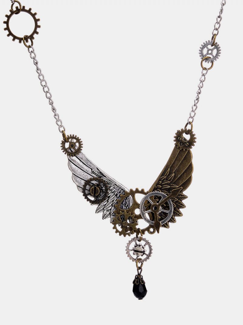 Vintage Unisex Biżuteria Steampunk Wings And Gear Naszyjnik Crystal Drop Charm