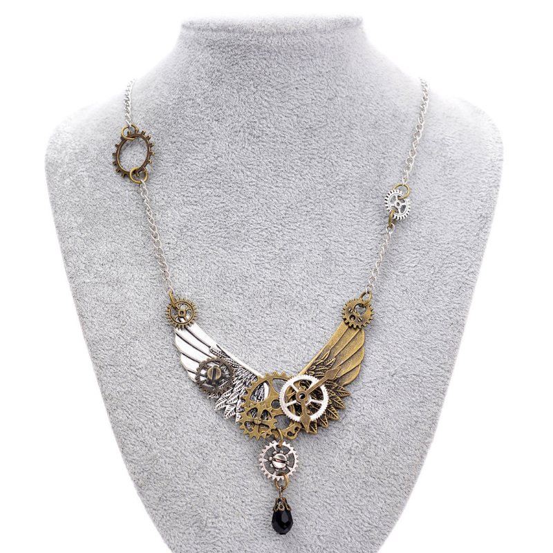 Vintage Unisex Biżuteria Steampunk Wings And Gear Naszyjnik Crystal Drop Charm