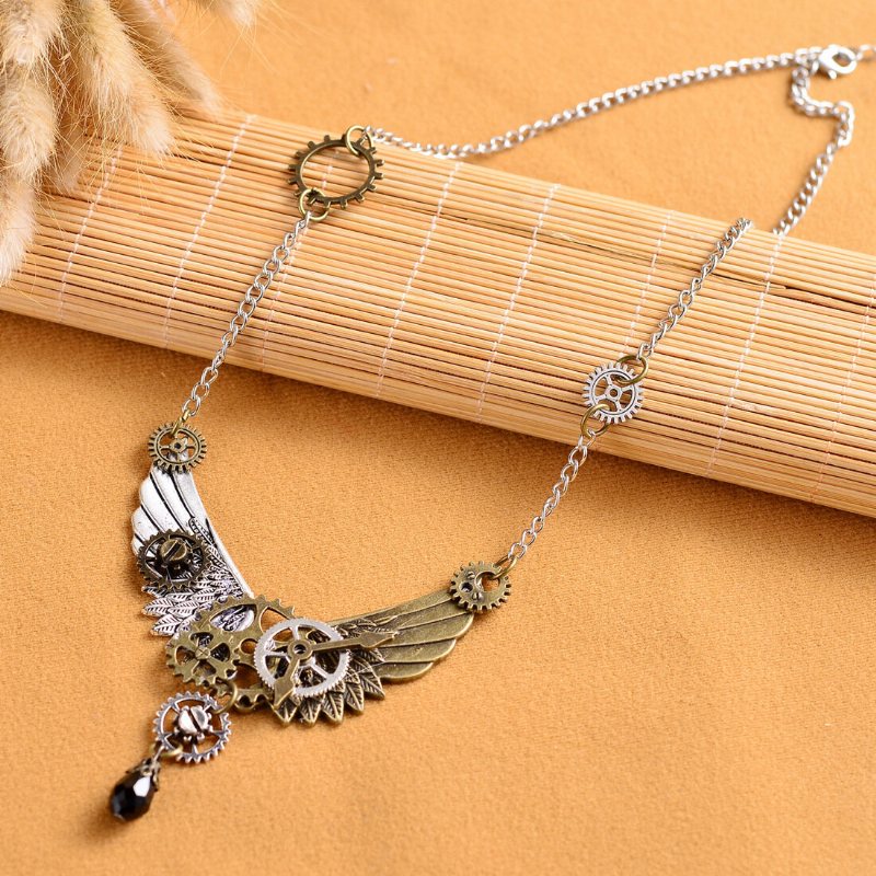 Vintage Unisex Biżuteria Steampunk Wings And Gear Naszyjnik Crystal Drop Charm