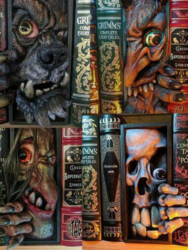 1 Pc Potwór Bookends Czaszka Decor Figurki Diabeł Statua Horror Podglądanie Na Półce Ludzka Twarz Rzeźba Z Żywicy Wyroby Do Dekoracji Domu