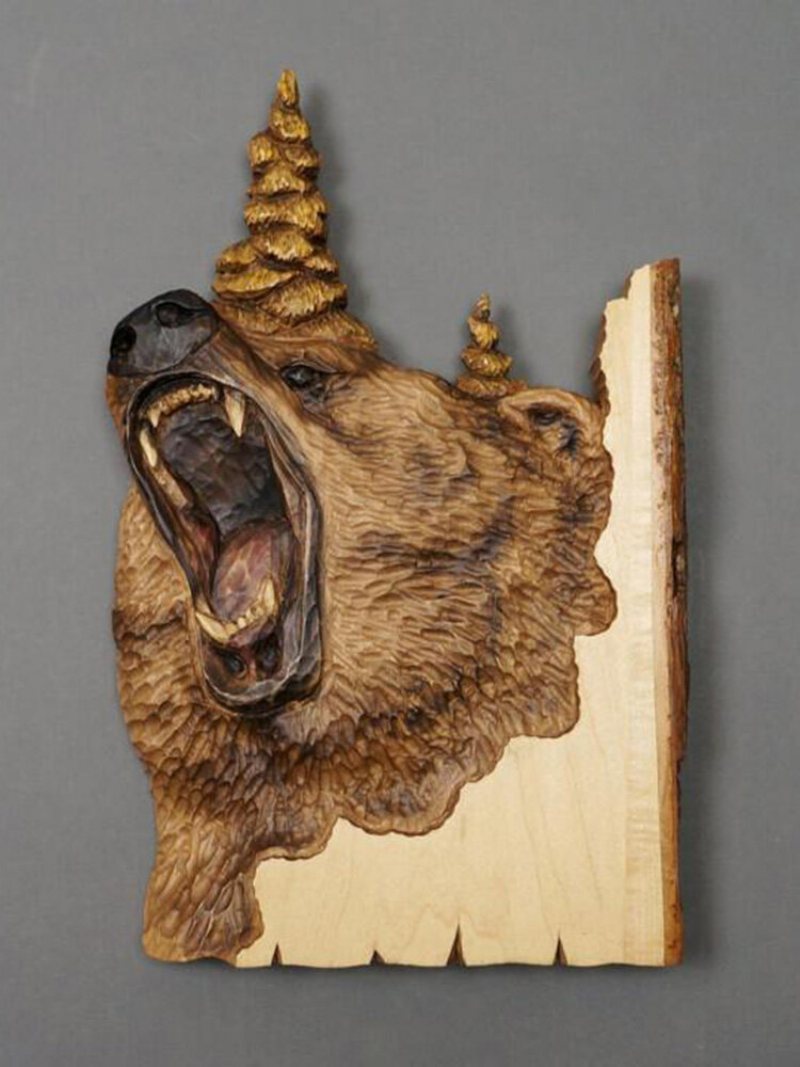 1 Pc Rzeźba Zwierząt Rzemieślnicze Wiszące Na Ścianie Rzeźby 3d Szop Niedźwiedź Jeleń Wilk Ręcznie Malowane Dekoracje Do Domu Salon