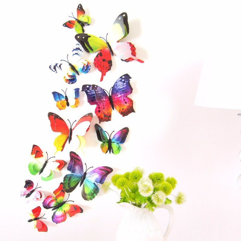 12 Sztuk 7 Kolorów 3d Dwuwarstwowa Naklejka Ścienna Z Motylem Magnes Na Lodówkę Art Applique