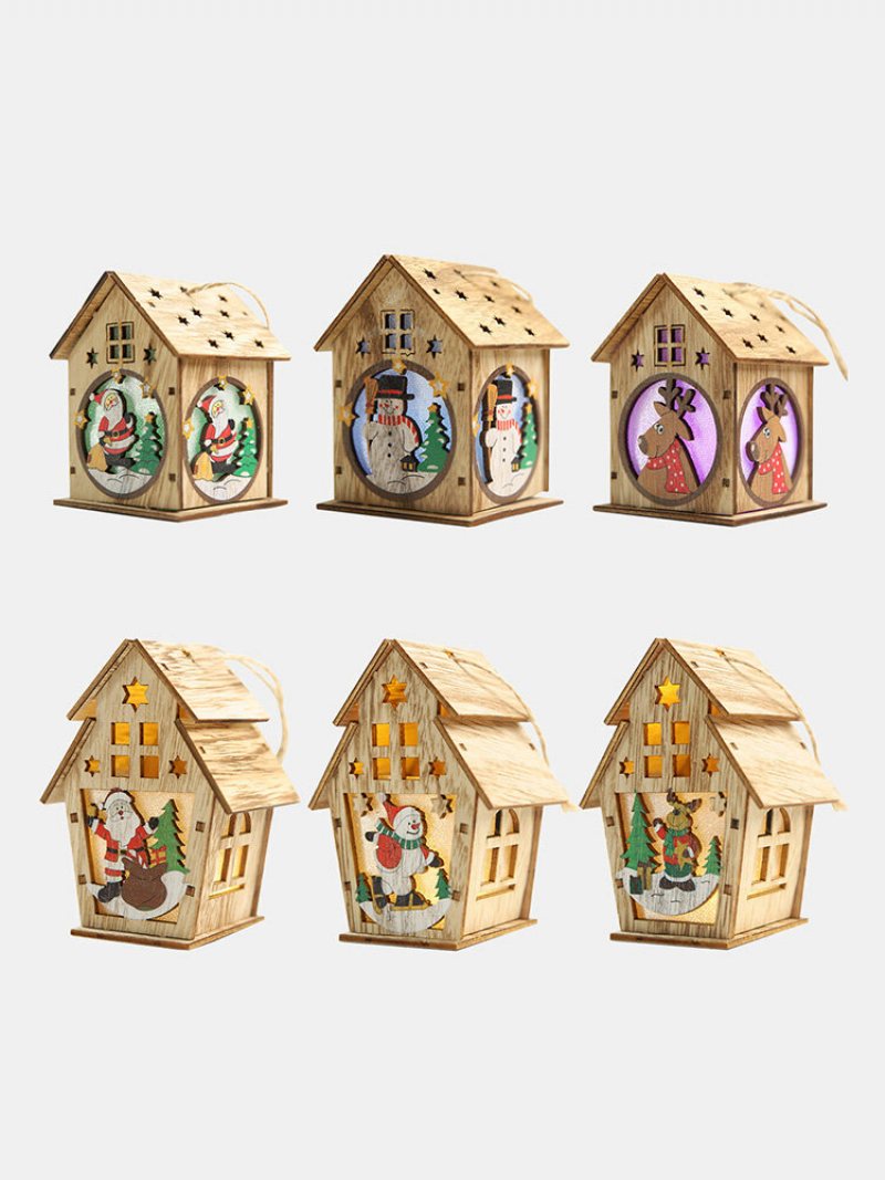 1pc Boże Narodzenie Drewniane Oświetlone Drewniana Kabina Kreatywny Montaż Mały Dom Dekoracja Luminous Kolorowe Kabiny