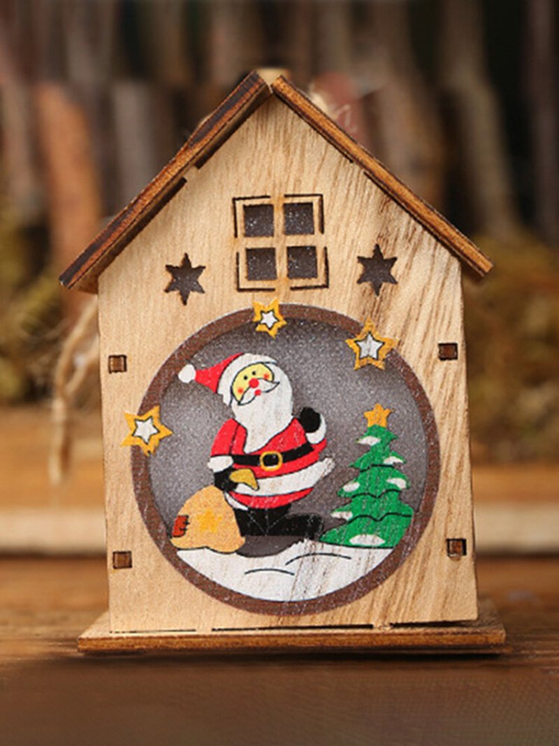1pc Boże Narodzenie Drewniane Oświetlone Drewniana Kabina Kreatywny Montaż Mały Dom Dekoracja Luminous Kolorowe Kabiny
