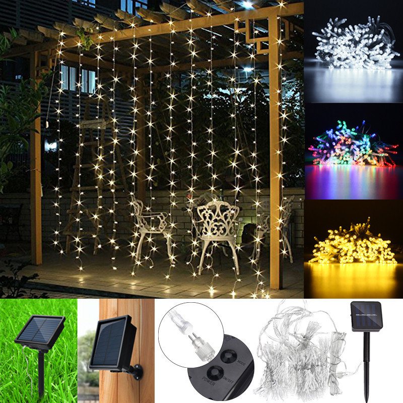 3m X 3m Led Zasilana Energią Słoneczną Fairy String Kurtyna Świetlna Lampa Outdoor Party Xmas