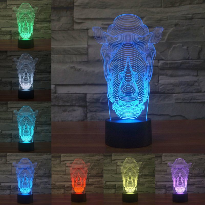 Animals Rhino 3d Led Illusion Lampka Nocna 7 Zmiana Koloru Przełącznik Dotykowy Stół Lampa Biurkowa Home Office