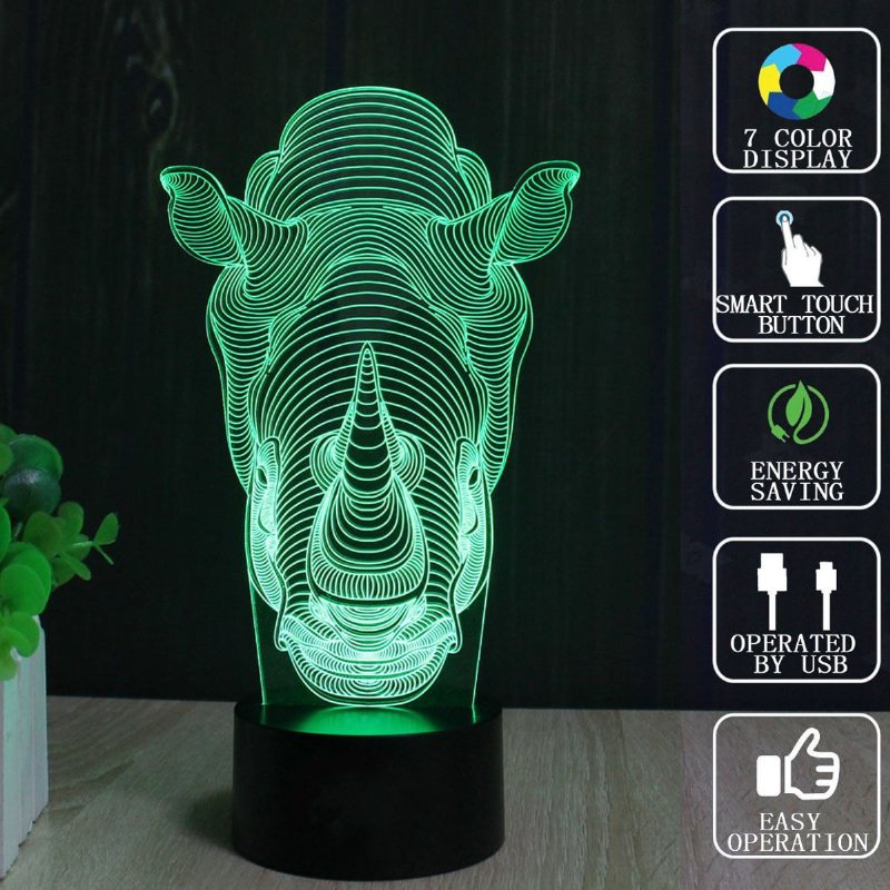 Animals Rhino 3d Led Illusion Lampka Nocna 7 Zmiana Koloru Przełącznik Dotykowy Stół Lampa Biurkowa Home Office