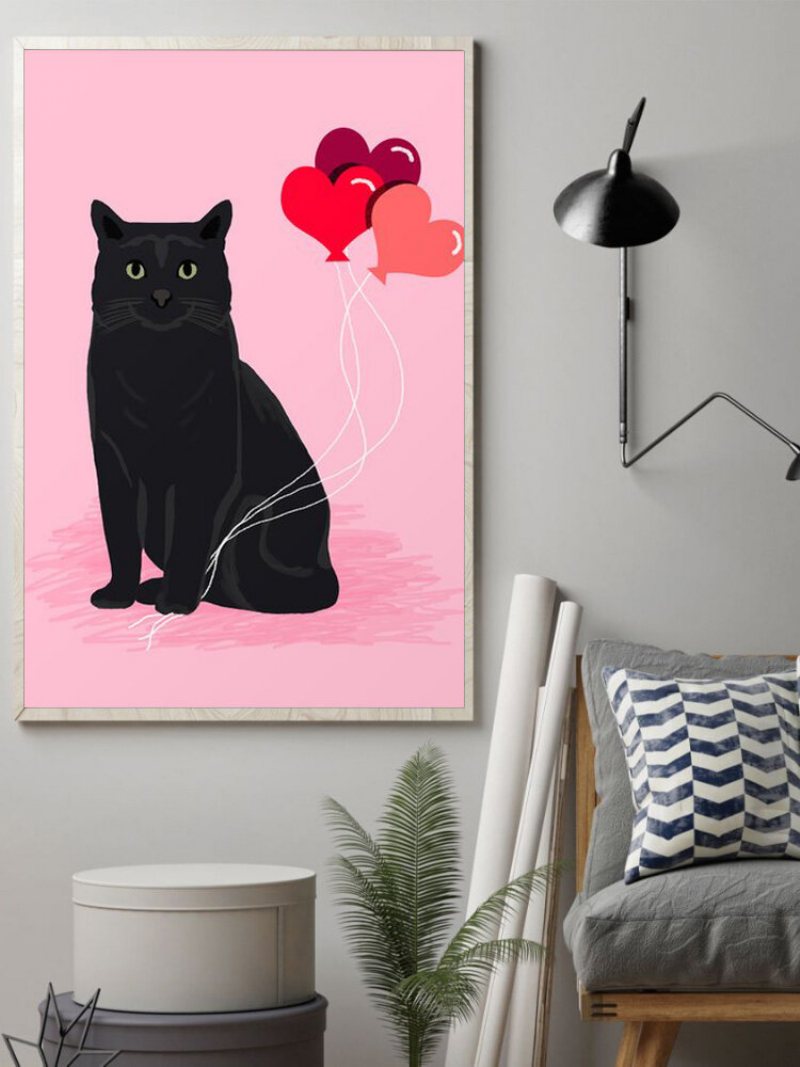 Czarny Kot I Różowy Balon Wzór Płótnie Malarstwo Unframed Wall Art Canvas Salon Wystrój Domu