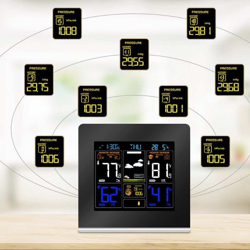 Rf433 Lcd Kolorowa Stacja Pogodowa Zegar Termometr Wilgotność Drzemka Wschód Słońca Zachód Kalendarz 12h 24h Wyświetlacz Ładowanie Usb + Zewnętrzny Czujnik Bezprzewodowy