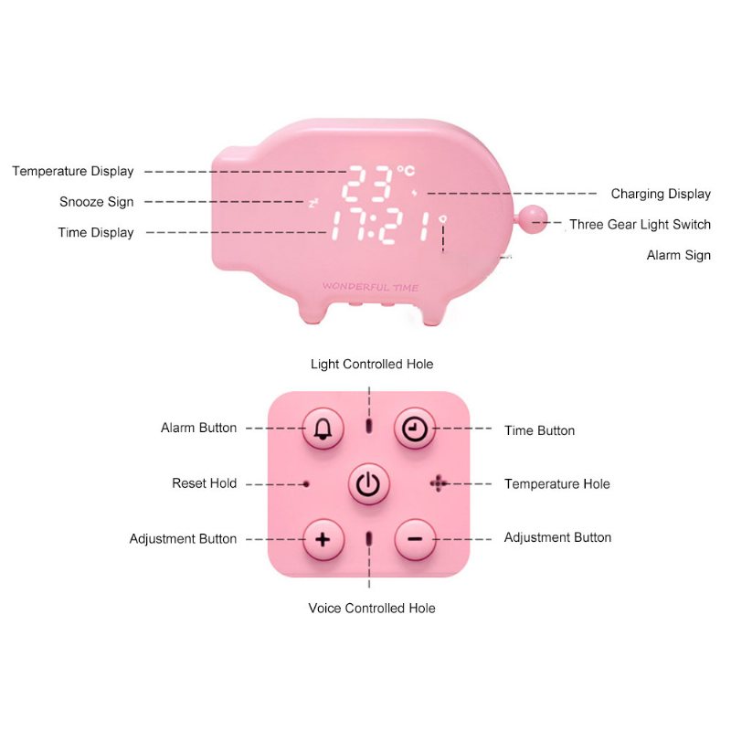 Urocza Świnia Z Kreskówek Światło Zegara Do Sypialni Wielofunkcyjny Ekran Led Lampka Nocna Usb Akumulator Sterowanie Głosem Alarmujący Zegar