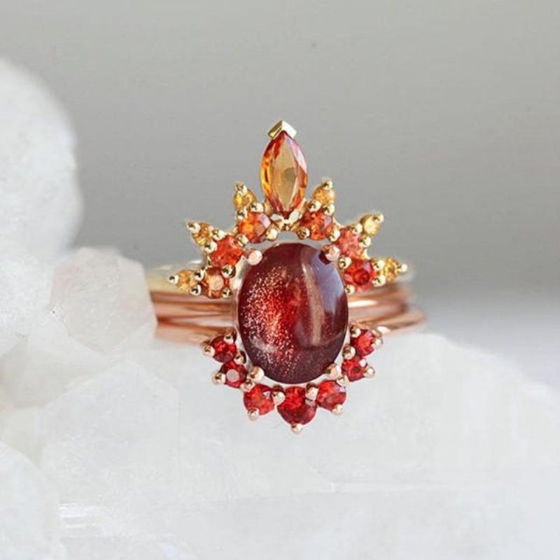 3 Sztuk / Zestaw Stylowe Kobiety Pierścionki Do Układania W Stos Ruby Crystal Flower Charm Czeski Pierścionków Dla Kobiet