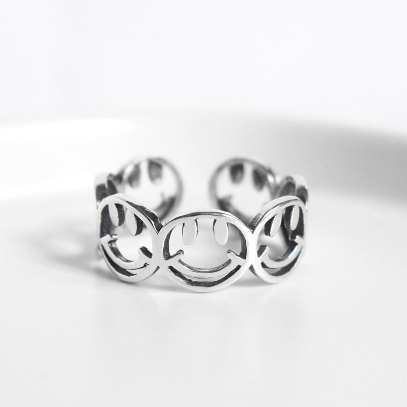 925 Sterling Silver Ring Retro Smiley Chic Osobowość Temperament Kobieta Uśmiech Srebrny Pierścionek