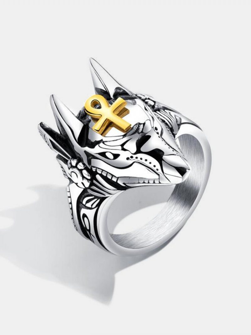 Punk Finger Rings Titanium Steel Cross Anubis Head Portrait Akcesoria Biżuteria Dla Mężczyzn