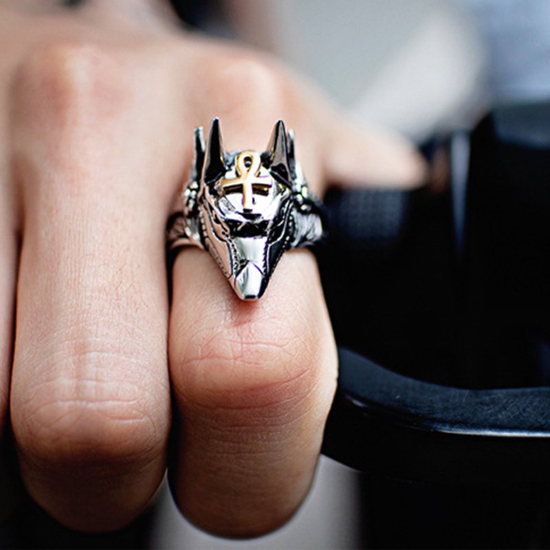 Punk Finger Rings Titanium Steel Cross Anubis Head Portrait Akcesoria Biżuteria Dla Mężczyzn