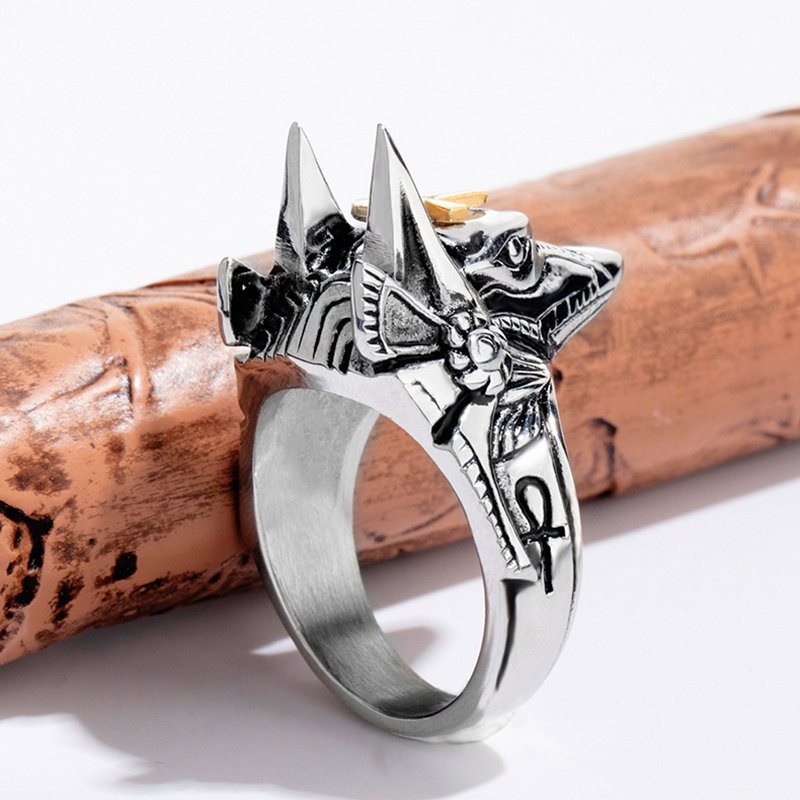 Punk Finger Rings Titanium Steel Cross Anubis Head Portrait Akcesoria Biżuteria Dla Mężczyzn