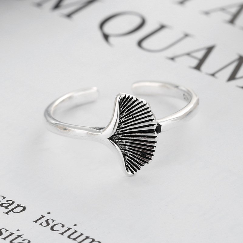 S925 Sterling Silver Distressed Ginkgo Leaf Tajski Srebrny Pierścionek Retro Art Regulowany Pierścień