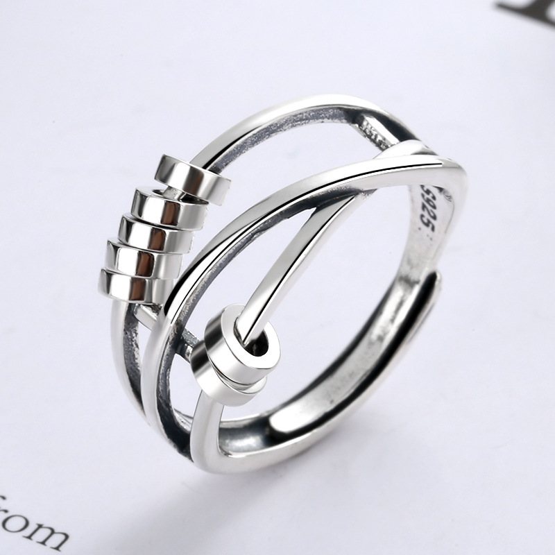 S925 Sterling Silver Fashion Temperament Trzy Pierścienie Inteligentny Pierścionek Z Wielokołowymi Koralikami Transferowymi