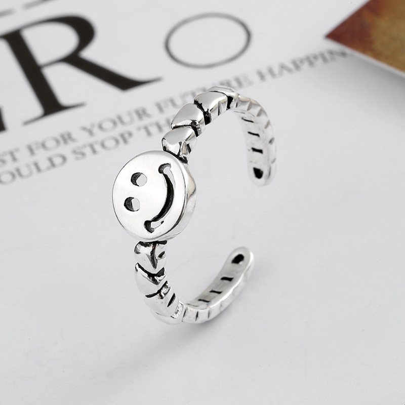 S925 Sterling Silver Retro Smiley Ring Prosty Ins Love Chain Regulowany Rozmiar Pierścionka