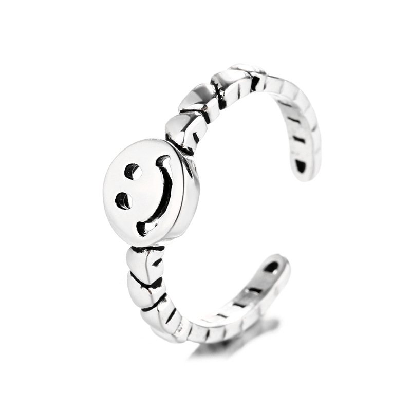 S925 Sterling Silver Retro Smiley Ring Prosty Ins Love Chain Regulowany Rozmiar Pierścionka