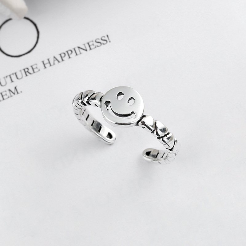 S925 Sterling Silver Retro Smiley Ring Prosty Ins Love Chain Regulowany Rozmiar Pierścionka