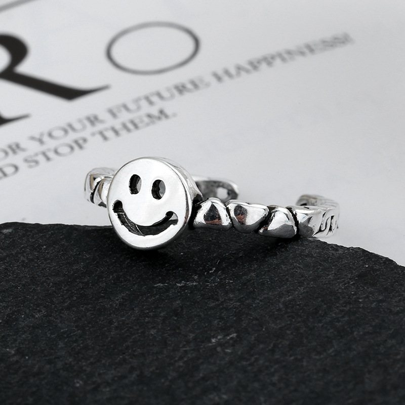 S925 Sterling Silver Retro Smiley Ring Prosty Ins Love Chain Regulowany Rozmiar Pierścionka