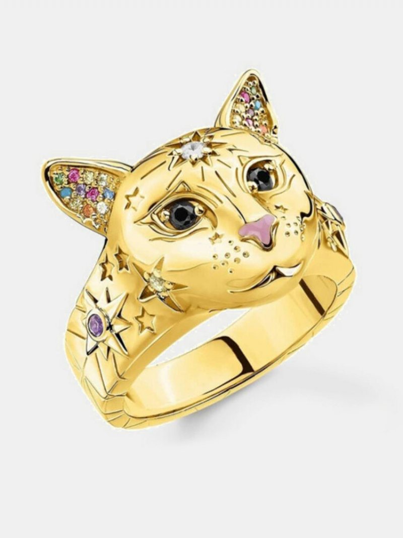 Vintage Animal Women Ring Głowa Kota Kolorowa Gwiazda Pierścionek Biżuteria Prezent