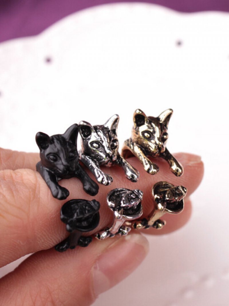 Vintage Animals-shape Women Ring Cute Cat Eat Fish Jewelry Gift