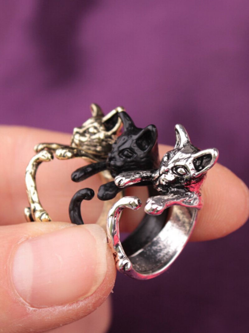 Vintage Animals-shape Women Ring Cute Cat Eat Fish Jewelry Gift