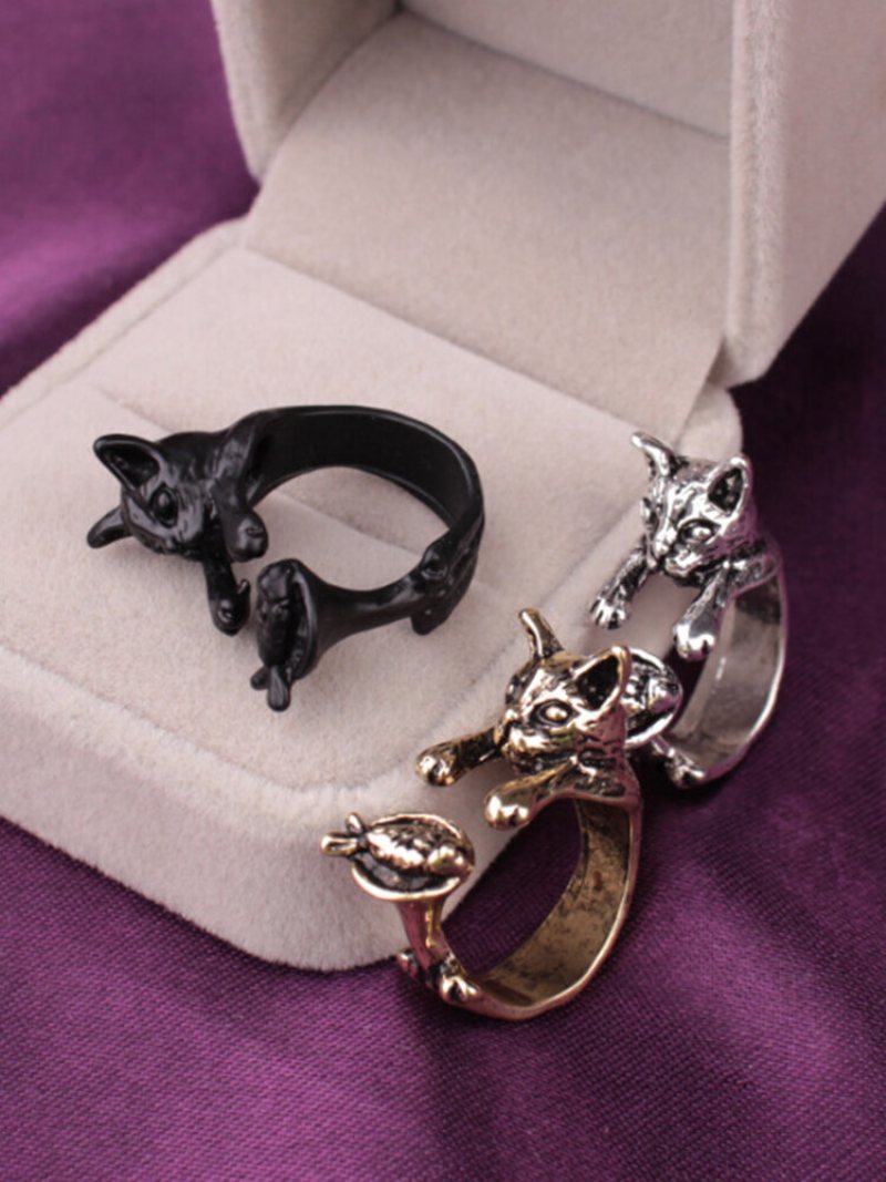 Vintage Animals-shape Women Ring Cute Cat Eat Fish Jewelry Gift