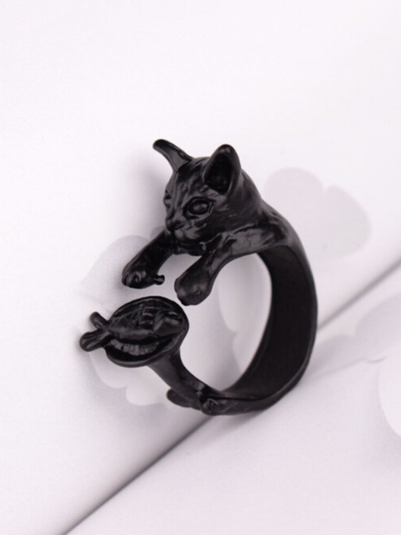 Vintage Animals-shape Women Ring Cute Cat Eat Fish Jewelry Gift