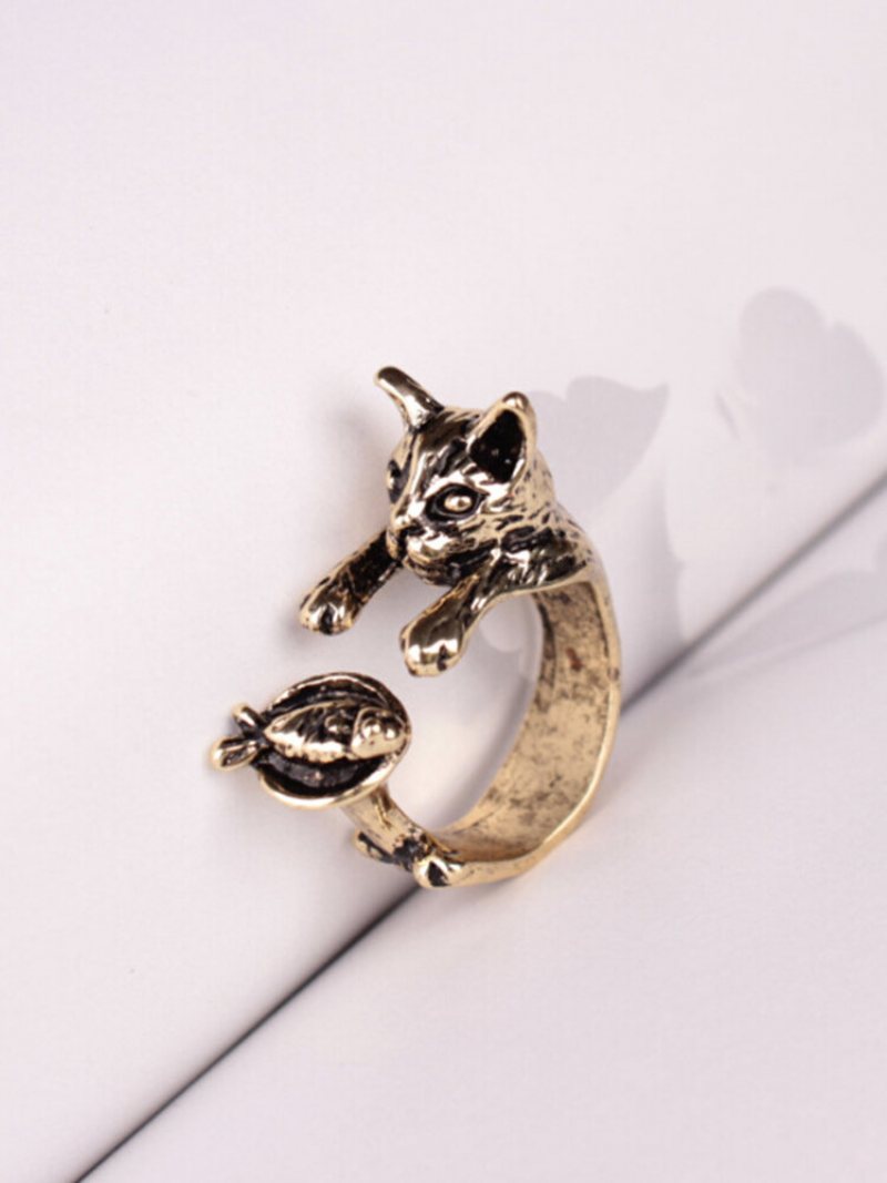 Vintage Animals-shape Women Ring Cute Cat Eat Fish Jewelry Gift