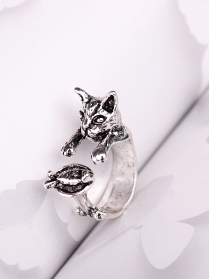 Vintage Animals-shape Women Ring Cute Cat Eat Fish Jewelry Gift