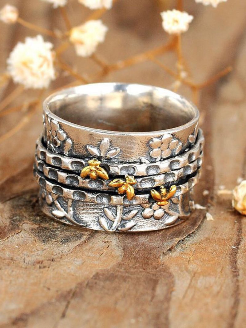 Vintage Metal Flower Bee Ring Temperament Trójwymiarowy Pierścionek Ze Zwierzęciem