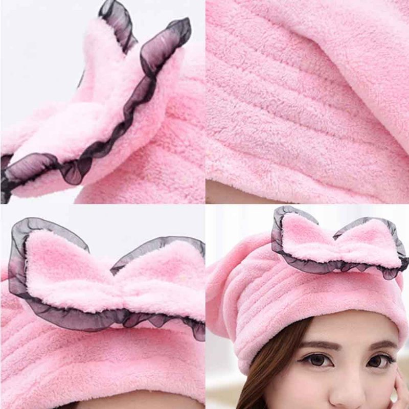 Cartoon Cute Bow Dry Hair Cap Miękka I Wygodna Koralowa Czapka Z Polaru