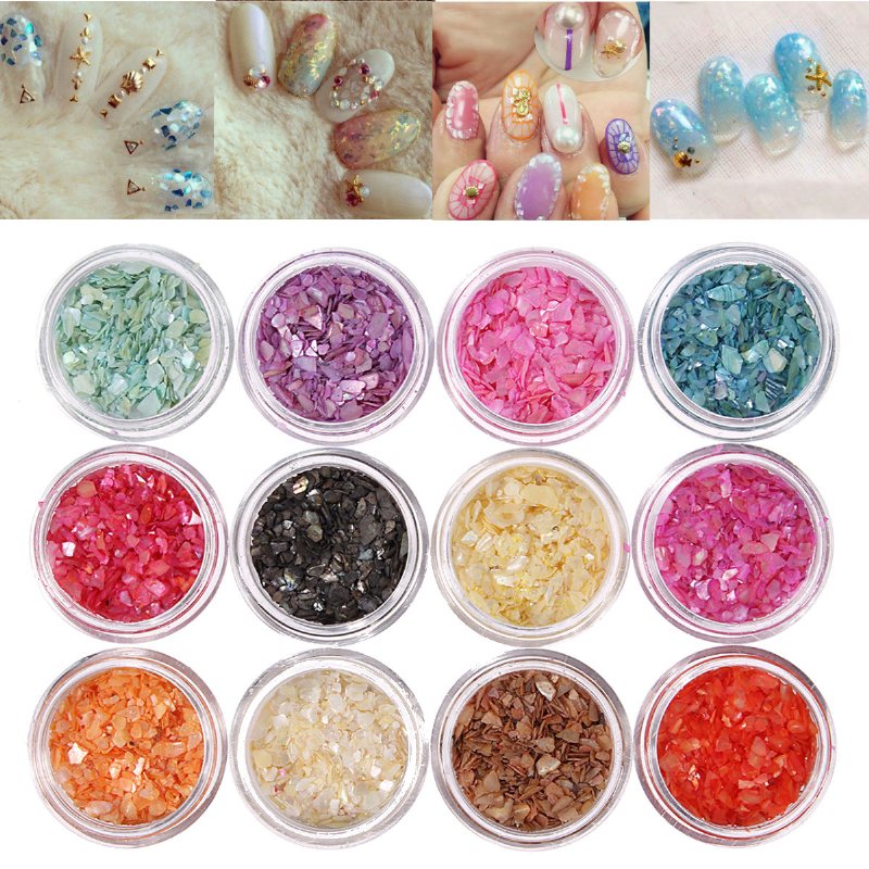 12 Kolorów Nail Art Glitter Crushed Shell Chips Powder Dust Tips Diy Zestaw Dekoracyjny