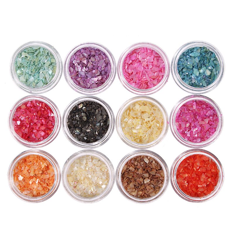 12 Kolorów Nail Art Glitter Crushed Shell Chips Powder Dust Tips Diy Zestaw Dekoracyjny