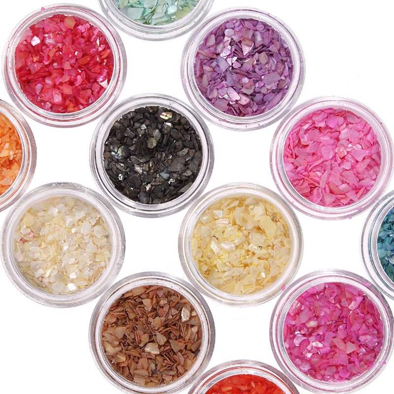 12 Kolorów Nail Art Glitter Crushed Shell Chips Powder Dust Tips Diy Zestaw Dekoracyjny