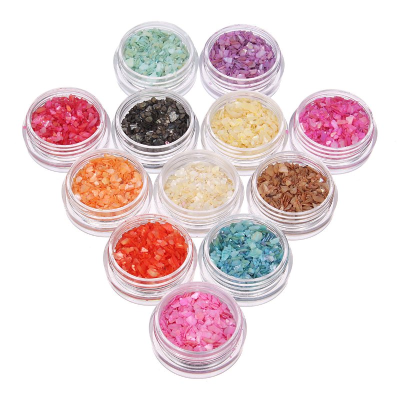 12 Kolorów Nail Art Glitter Crushed Shell Chips Powder Dust Tips Diy Zestaw Dekoracyjny