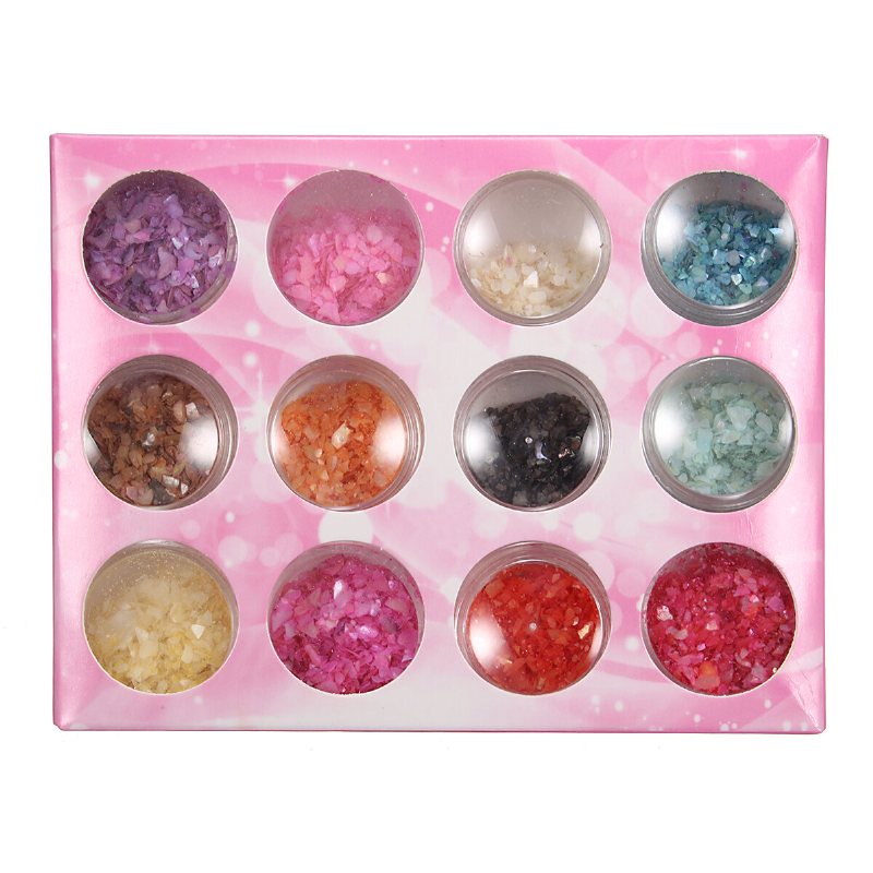 12 Kolorów Nail Art Glitter Crushed Shell Chips Powder Dust Tips Diy Zestaw Dekoracyjny