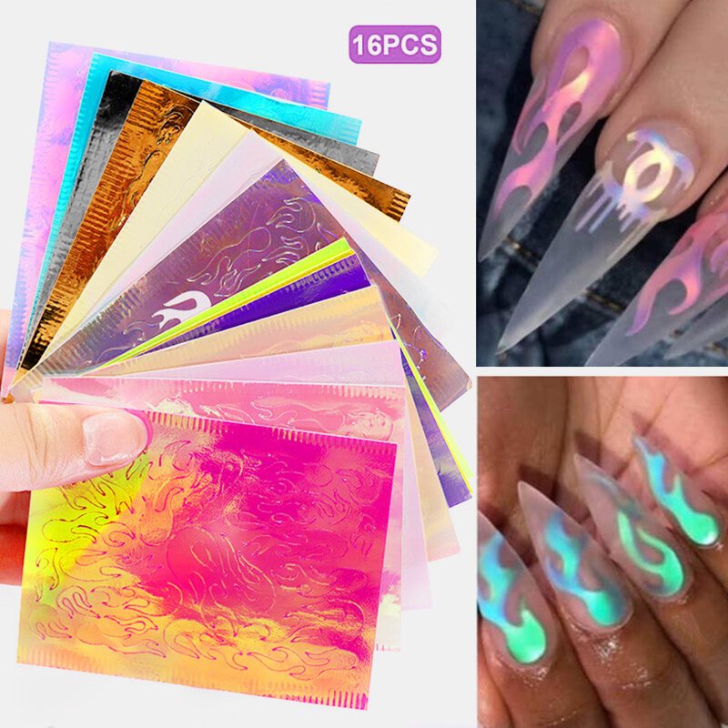 16 Sztuk / Zestaw Holograficzne Liście Płomienia Naklejki Do Paznokci Symfonia Manicure Samoprzylepne Dekoracje