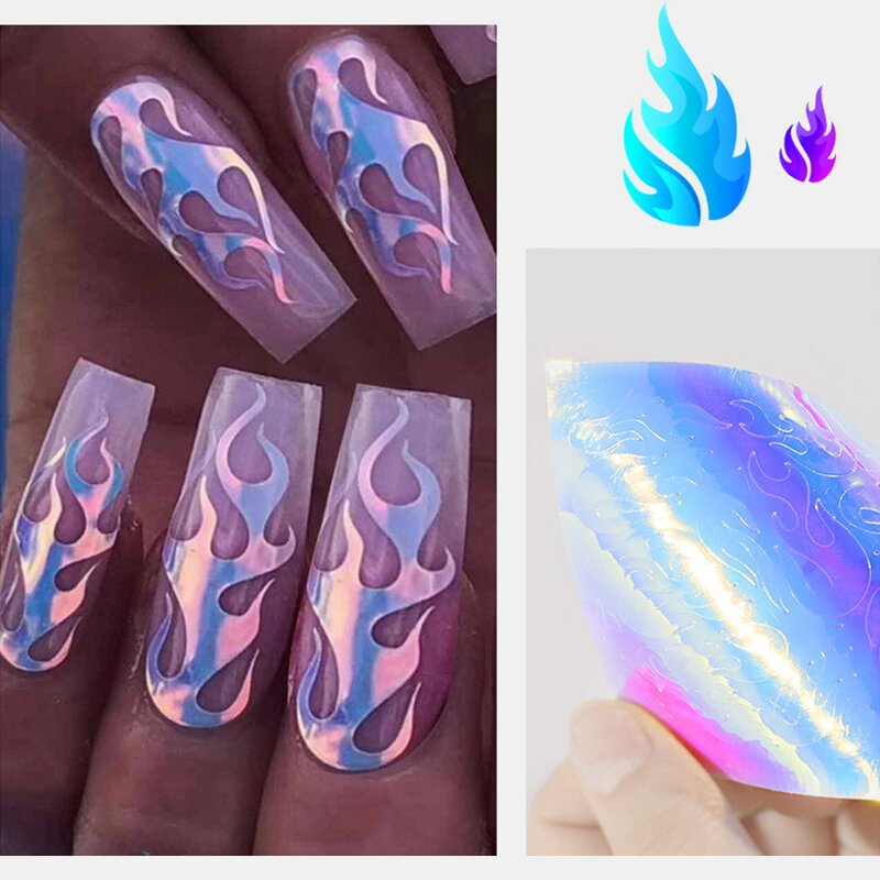 16 Sztuk / Zestaw Holograficzne Liście Płomienia Naklejki Do Paznokci Symfonia Manicure Samoprzylepne Dekoracje