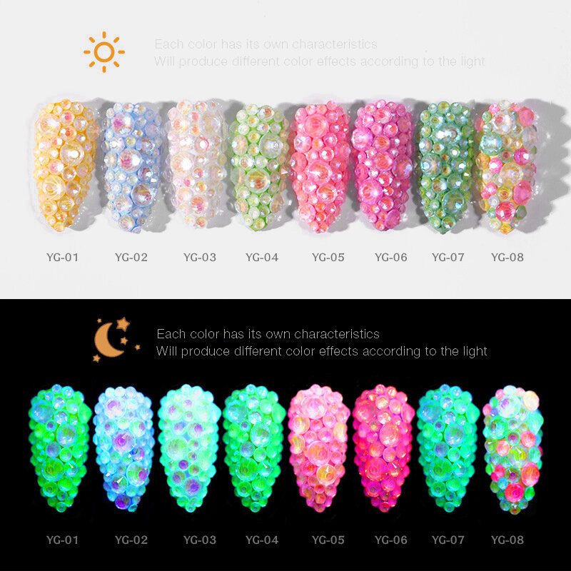 8 Kolorów Luminous Crystal Mixed Size Nail Art Rhinestone Dekoracje 3d Manicure Glitter Diamond Jewelly