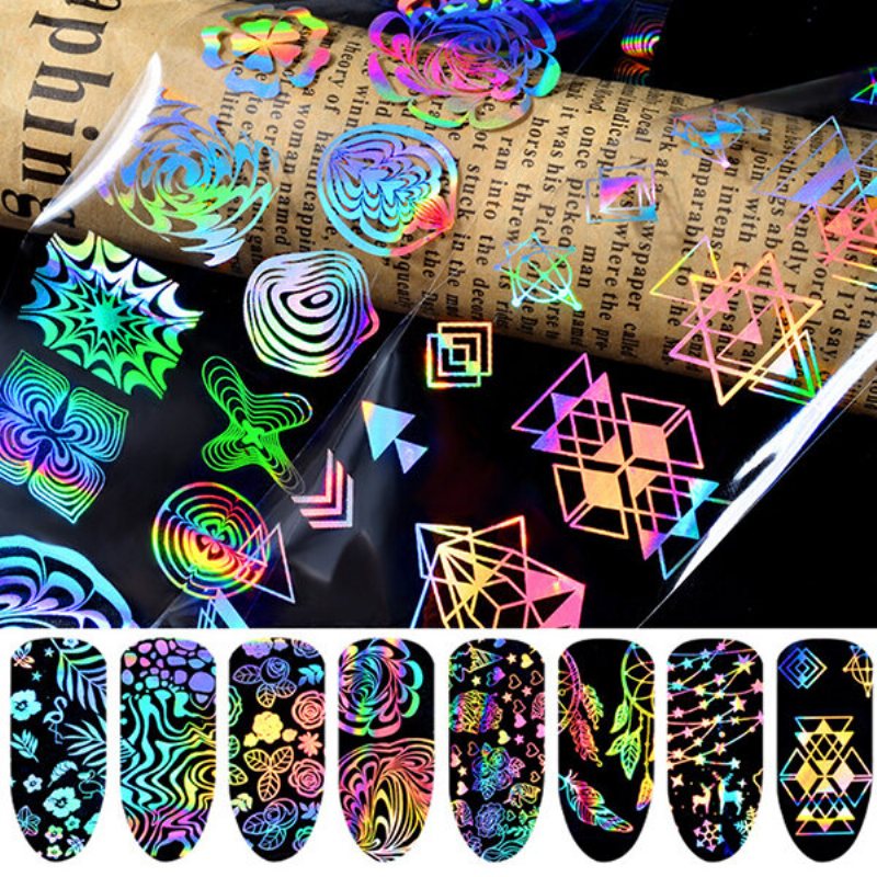 Holograficzna Laserowa Folia Do Paznokci Xmas Geometryczny Kwiat Róży Sliver Star Nails Art Transfer Sticker