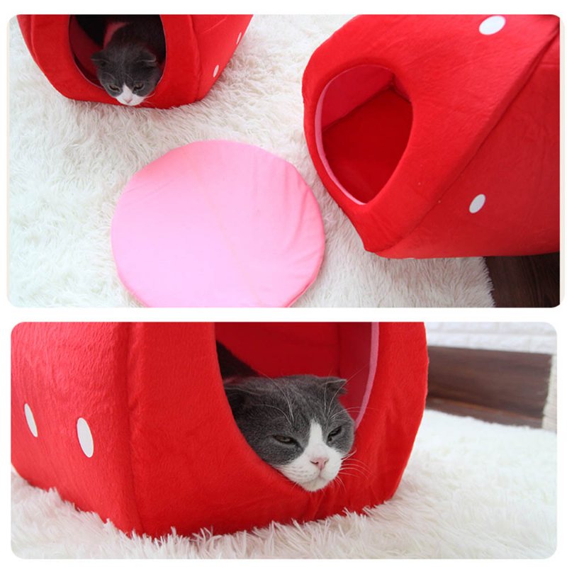 Strawberry Cat House Zmywalny Miękkie Trwałe Odpinane Gniazdo Dla Zwierząt Jesień Zima Akcesoria Dla Zagęszczone Łóżko Dla