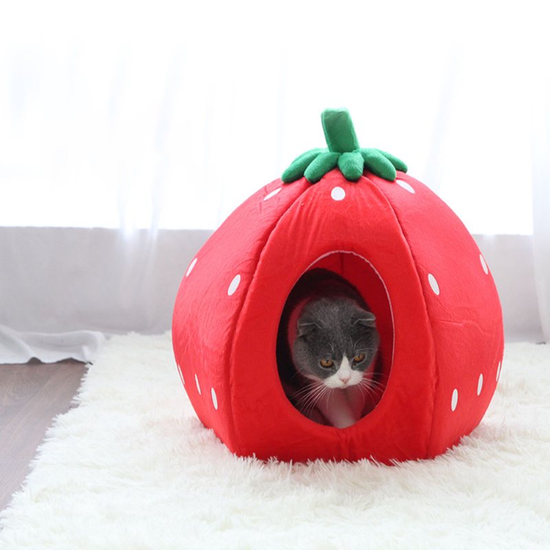 Strawberry Cat House Zmywalny Miękkie Trwałe Odpinane Gniazdo Dla Zwierząt Jesień Zima Akcesoria Dla Zagęszczone Łóżko Dla